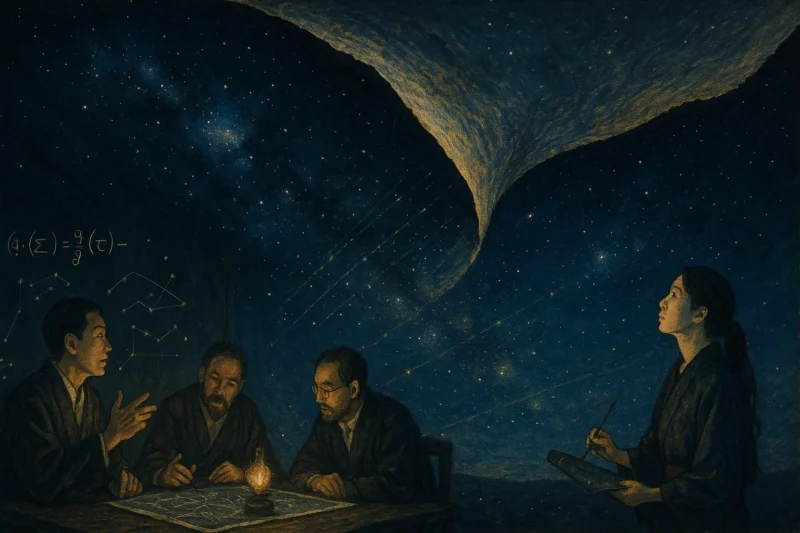 夜空の幕がめくれ理論と未来史が交わる光景のAI生成画像（創作画像）