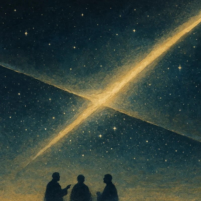 未来の観測者たちが黎明の空を記録する光景のAI生成画像（創作画像）