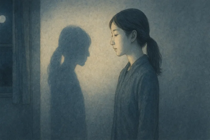 月光の下で壁に影を映す女性のAI生成画像(創作画像)