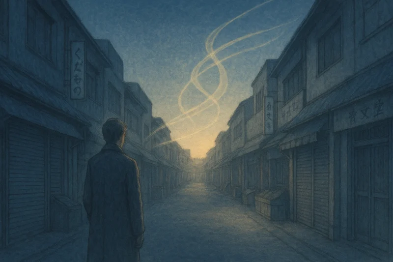 夜明け前の商店街に漂う香りの層と地図師の背のAI生成画像（創作画像）