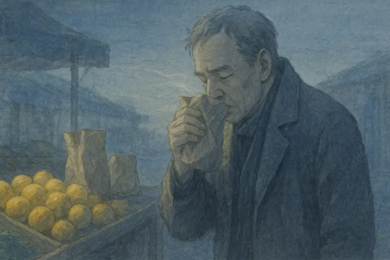 夜明け前の市場で香りを記録する地図師のAI生成画像（創作画像）