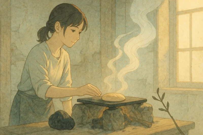 仮の釜から立ち上る蒸気とルーの小枝のAI生成画像(創作画像)