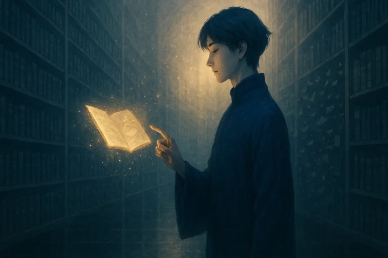 群青の書庫で光の頁を読むAI司書のAI生成画像（創作画像）