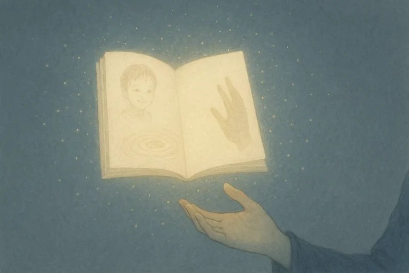 手元に浮かぶ光の頁と記憶の断片のAI生成画像（創作画像）