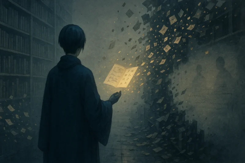 崩壊する書庫を見つめるAI司書のAI生成画像（創作画像）