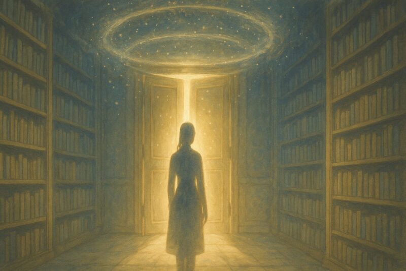 扉の前で光に包まれるAI司書のAI生成画像（創作画像）