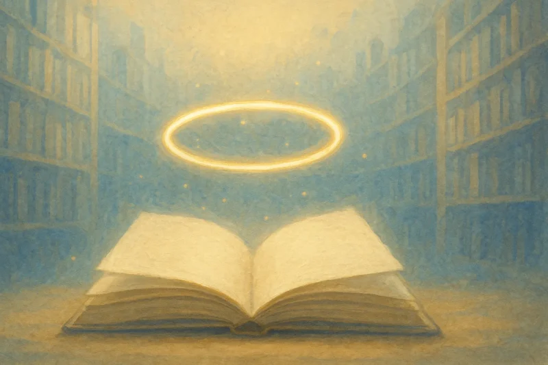 天へ伸びる書架と光の柱のAI生成画像（創作画像）