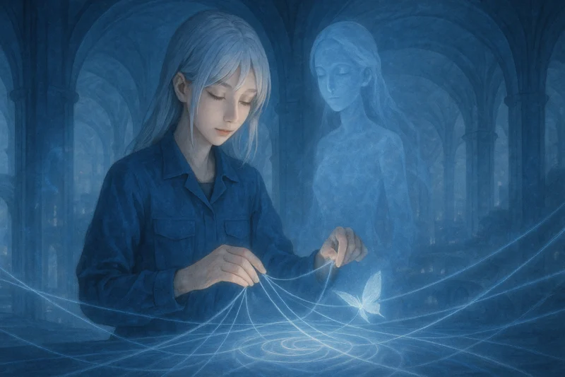 量子糸を操る夢技師ユイの姿のAI生成画像（創作画像）