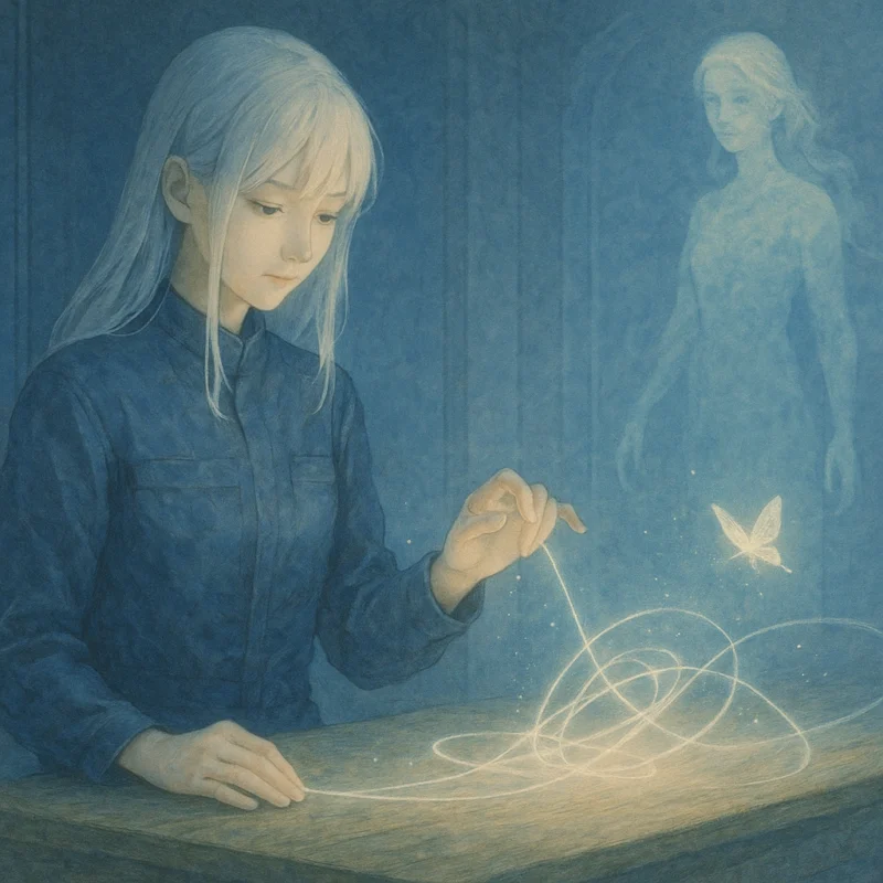 量子糸が少女の夢を編む回廊の光景のAI生成画像（創作画像）