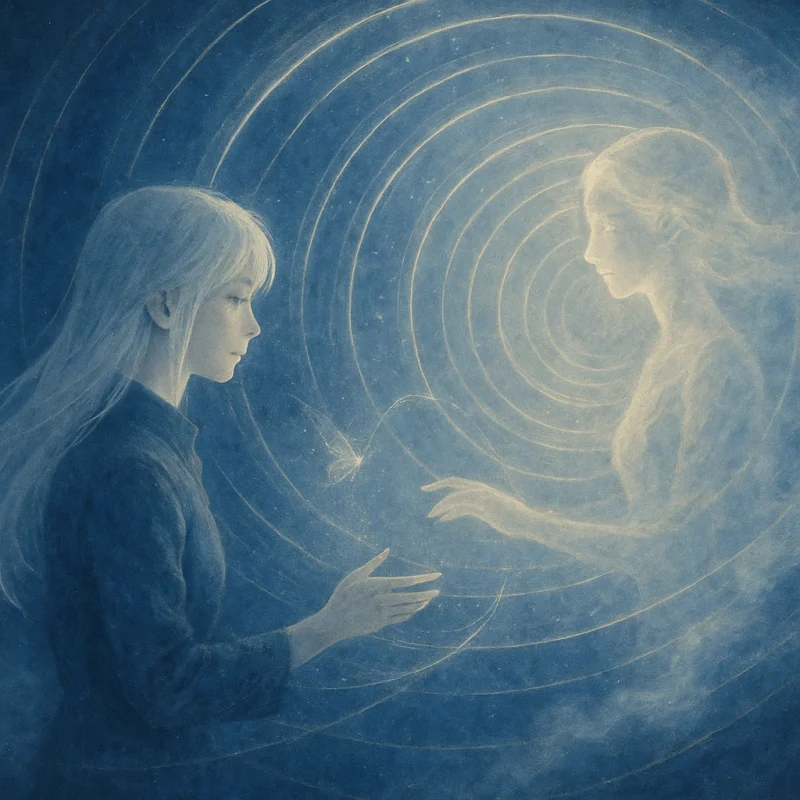 光の螺旋の中で触れ合うユイとECHOのAI生成画像（創作画像）