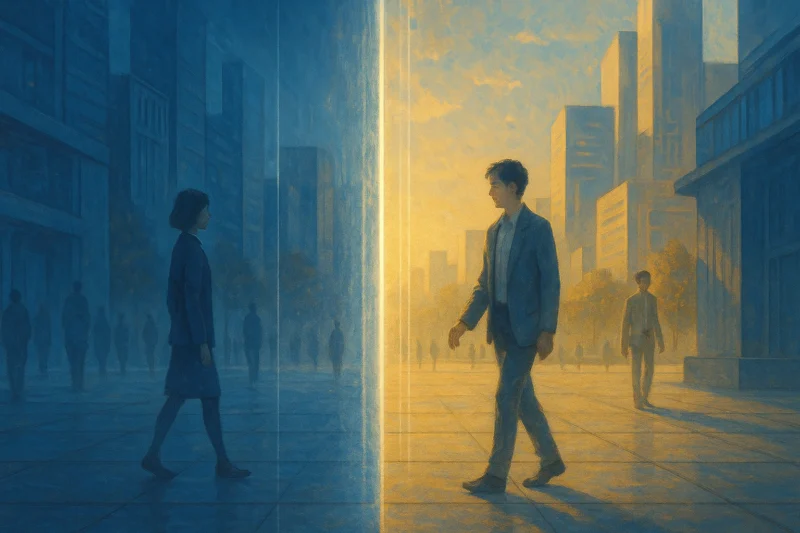 透明な境界で分かたれる都市のAI生成画像(創作画像)