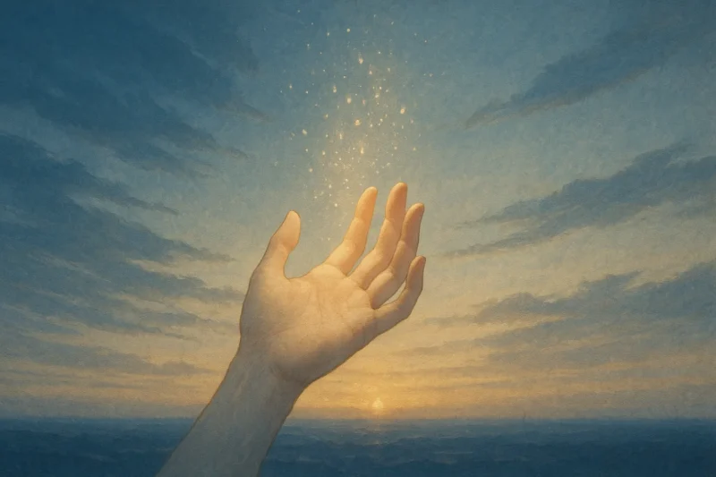 光に溶ける掌のAI生成画像（創作画像）