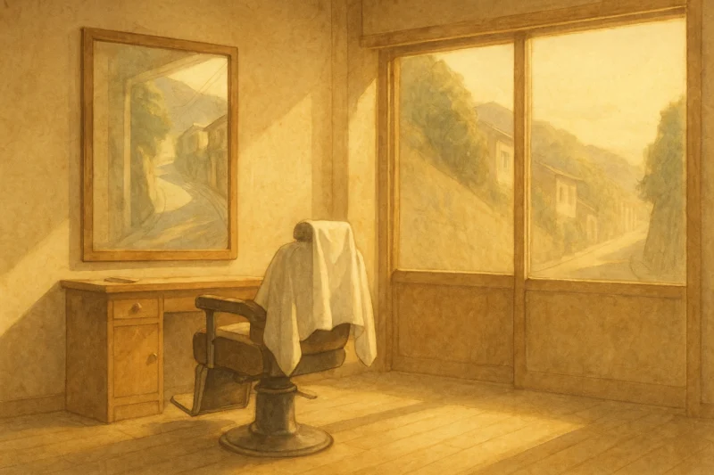 坂道の理髪店。午後の光が鏡に反射するのAI生成画像（創作画像）