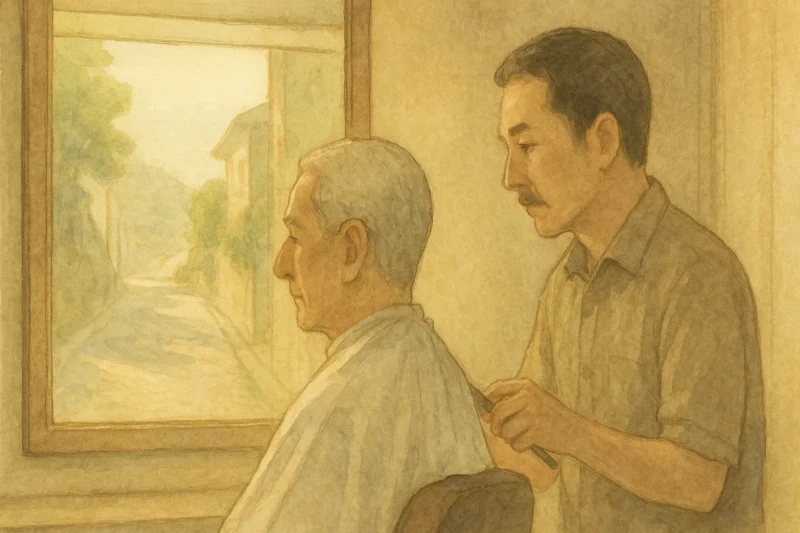 理髪師と客の横顔。刃の音だけが響くAI生成画像（創作画像）