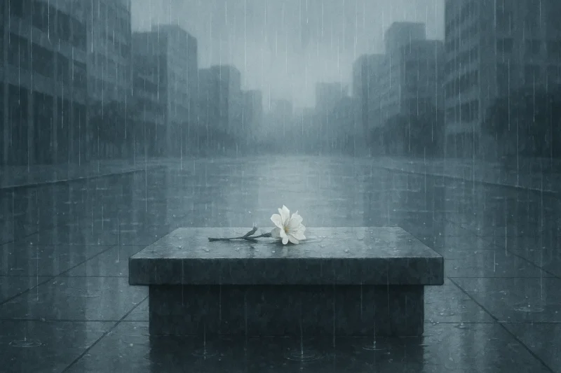 雨が降っている灰色の都市に咲く一輪の白花のAI生成画像（創作画像）