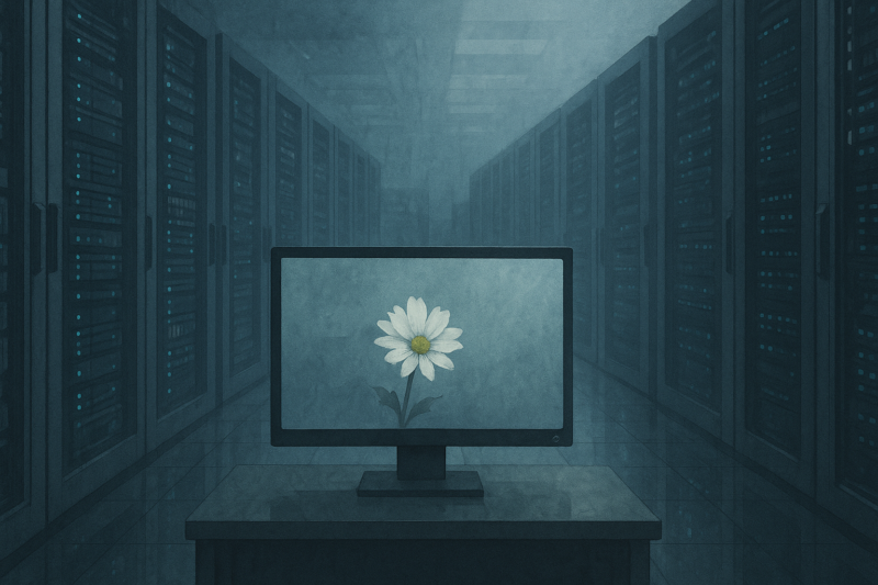 データセンターの中に、仄かな花の映像が浮かぶAI生成画像（創作画像）
