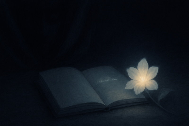 暗闇に見つめられ、ノートと花が“継承”を告げる瞬間のAI生成画像（創作画像）