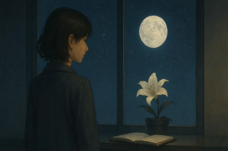 月明かりの下でノートの余白に母の名前を書く遥のAI生成画像（創作画像）