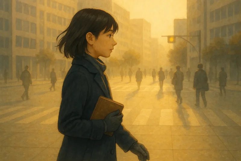 広場を横切っていく通勤客の肩越しに朝の光が斜めに差しこむ中を歩く遥のAI生成画像（創作画像）