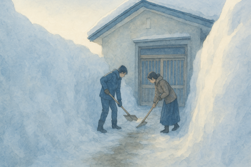 玄関前から伸びる雪の廊下の雪掻きをする両親のAI生成画像（創作画像）