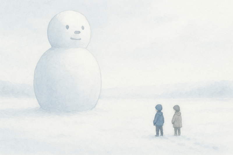 巨大な雪だるまが白い空の下に立つAI生成画像（創作画像）