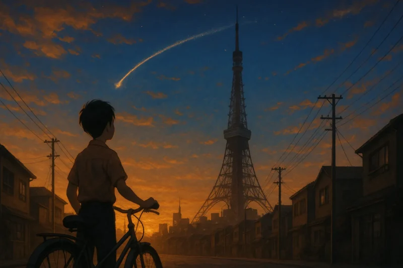 昭和の夕暮れ、東京タワーを見上げる少年のAI生成画像（創作画像）