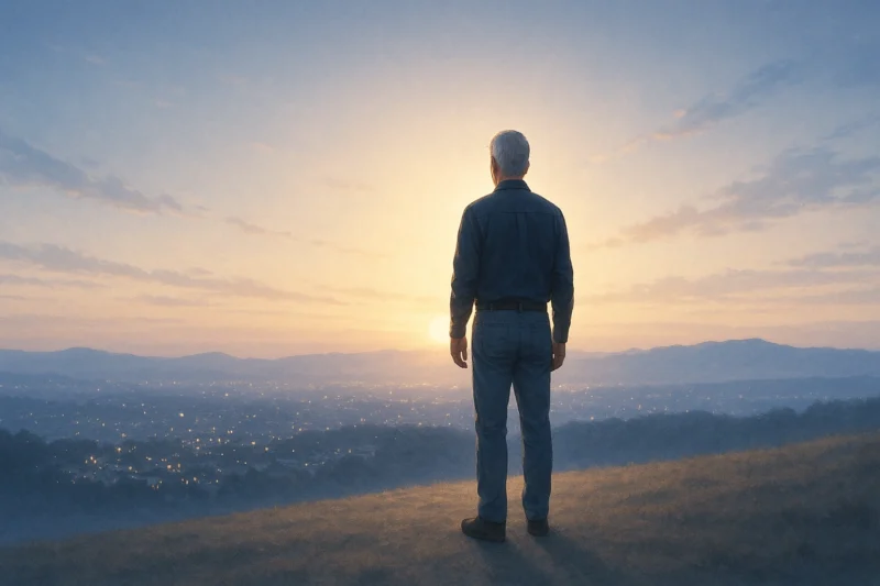 還暦の朝、光を背に立つ男の背中のAI生成画像（創作画像）