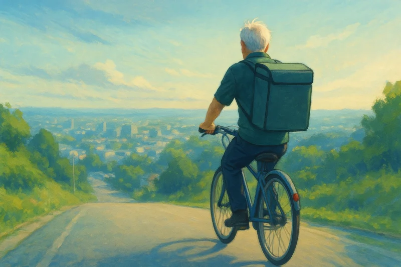 坂道を風と共に走る配達員の背中のAI生成画像（創作画像）