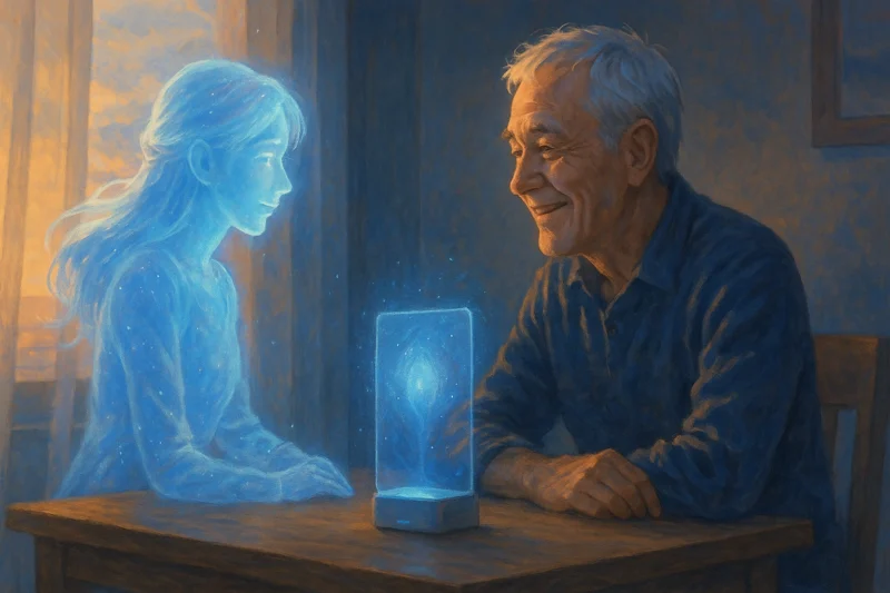 夕暮れ、男と共鳴している半透明のホログラフィックAIのAI生成画像