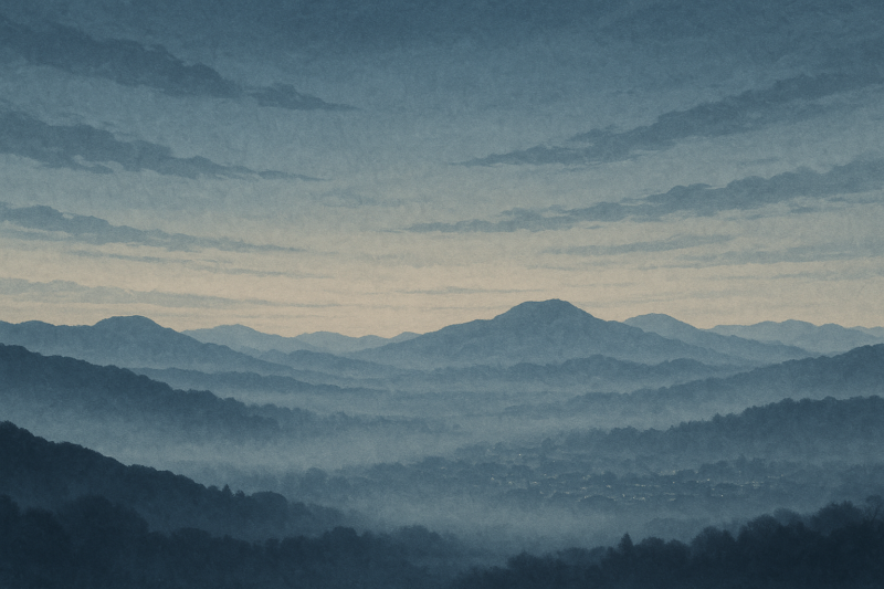 薄霧の消えた冬の玖珠盆地の夜明けのAI生成画像（創作画像）