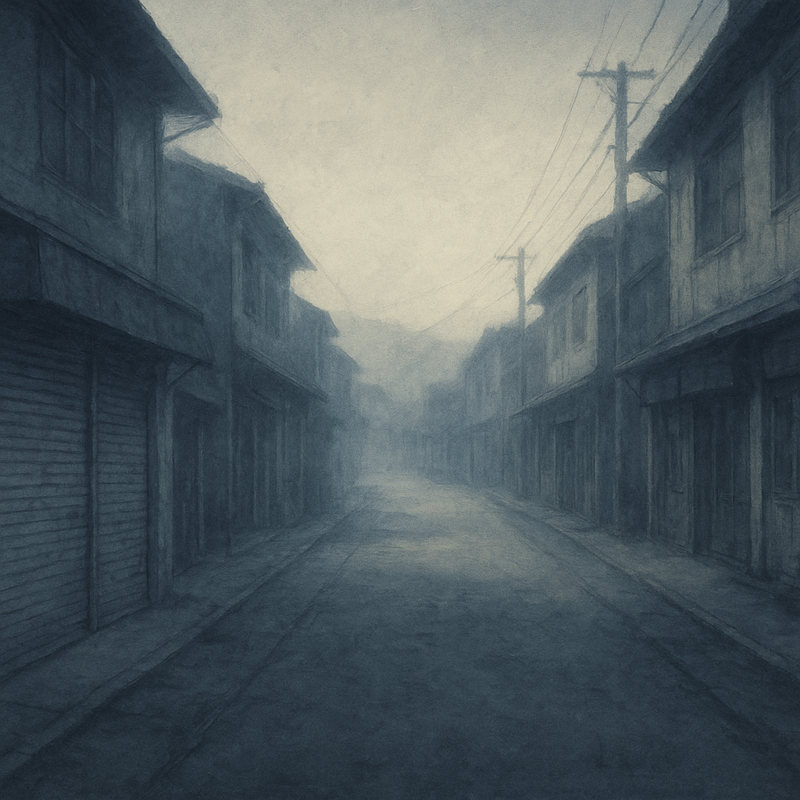 無音の冬光に沈む旧商店街の通りのAI生成画像（創作画像）