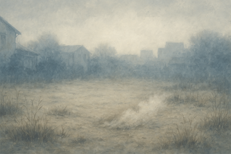 冬草に覆われた更地に残る微かな記憶のAI生成画像（創作画像）