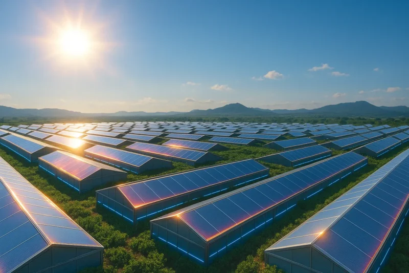 真夏の日出生台高原に並ぶ近未来温室群のAI生成画像（創作画像）