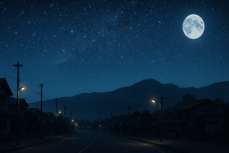 霧のない玖珠の深夜、満天の星と月のAI生成画像（創作画像）