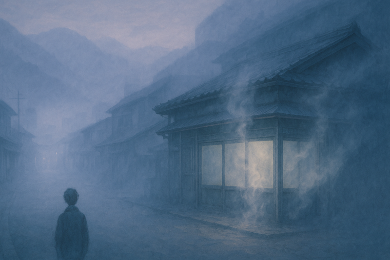 玖珠盆地の旧通りに重なる霧の層のAI生成画像（創作画像）