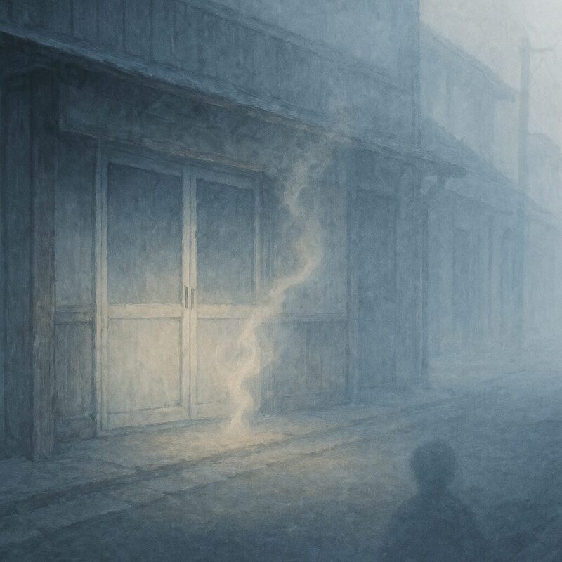 跡地の前に立ち上がる淡い温度の揺らぎのAI生成画像(創作画像)