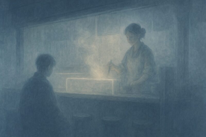 霧の中で揺れるカウンターの輪郭と気配の影のAI生成画像(創作画像)