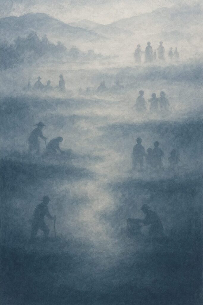 霧の層に浮かぶ生活の記憶と千年の残響のAI生成画像(創作画像)