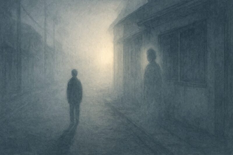 薄明の光に溶けゆく霧と残る影のAI生成画像(創作画像)