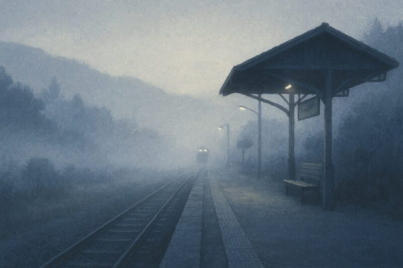 豊後森駅に漂う薄霧と朝の静けさのAI生成画像(創作画像)