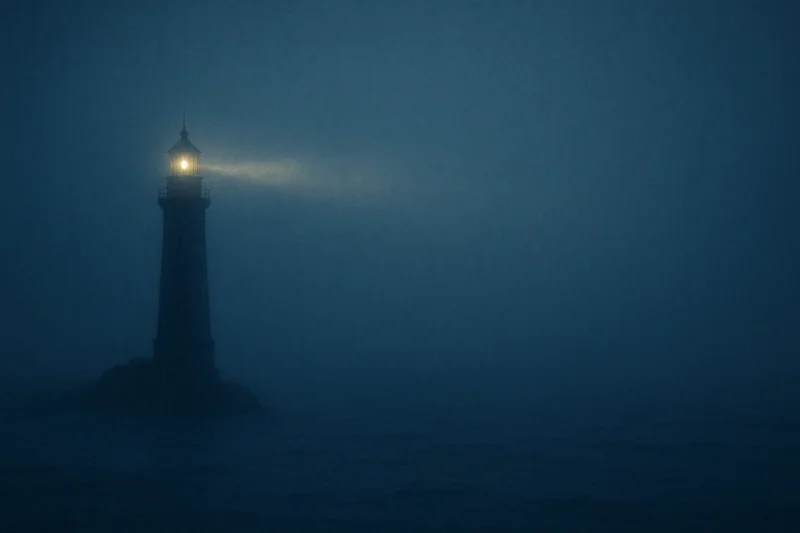 霧の海に立つ灯台と微光の道のAI生成画像（創作画像）