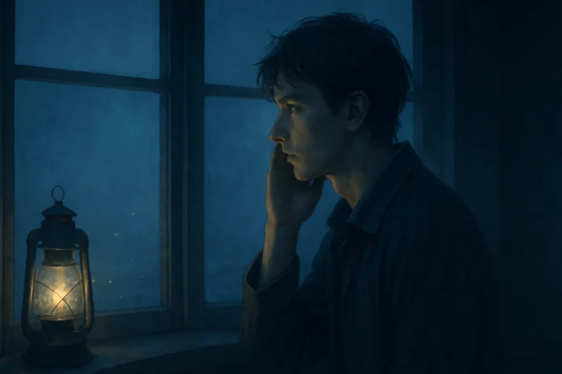 灯台窓辺で声に耳を澄ます人物のAI生成画像（創作画像）