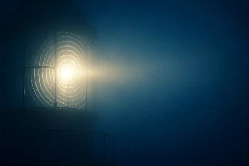 灯台レンズが霧に光輪を走らせるのAI生成画像（創作画像）