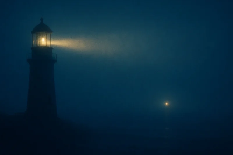 海霧の中で向かい合う二つの光のAI生成画像（創作画像）