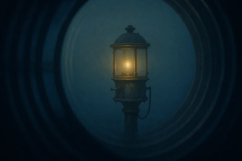 レンズ越しに重なる古い信号装置の幻影のAI生成画像（創作画像）