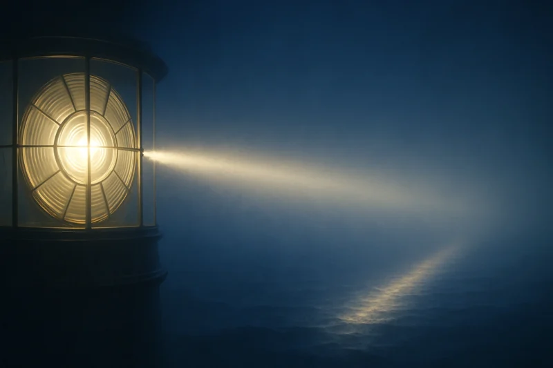 灯台からまっすぐ伸びる光の返事のAI生成画像（創作画像）