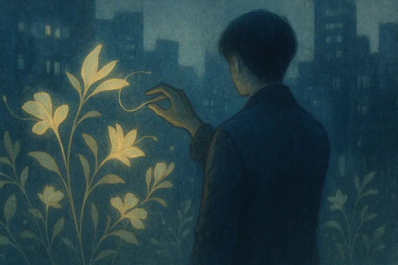 都市の光に揺れる擬植物と、剪定の手つきだけを象徴的に描いた情景のAI生成画像（創作画像）
