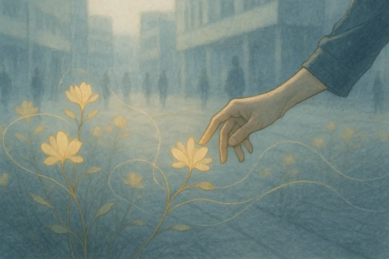 朝の駅前で淡金の擬花を調律する澪の手のAI生成画像(創作画像)