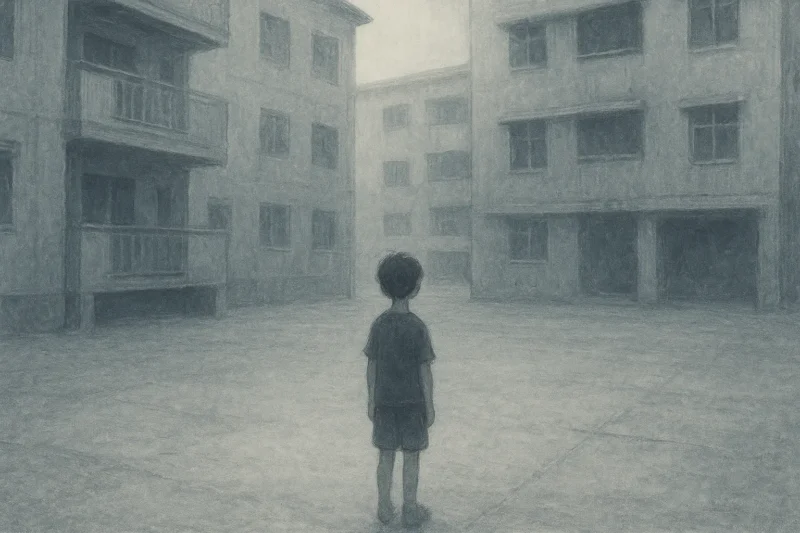 擬植物が一切生えない無音の空白に立つ少年のAI生成画像(創作画像)