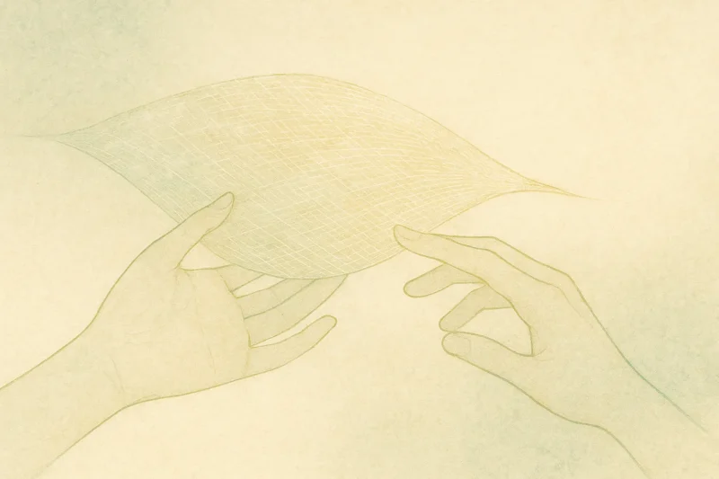 二人のあいだに敷かれた透明の布“響苔”のAI生成画像(創作画像)